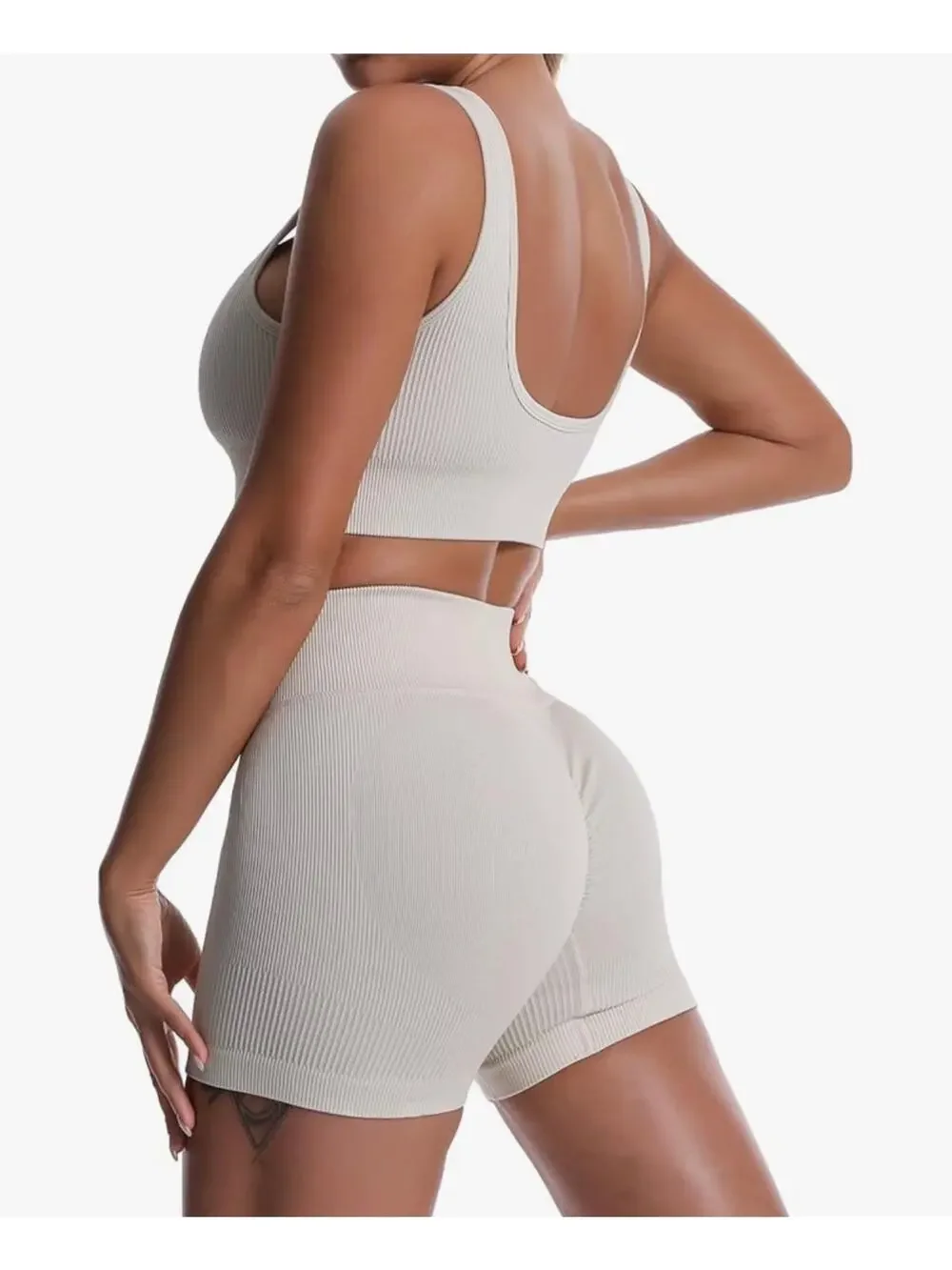 Jojoans Ribbed Sports Bra & Biker Shorts 2 Piece Gym Workout Set Ivory Sz L NWOT